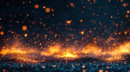 Sparkling fiery particles raining down on dark background