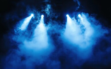 Dark background, spotlights shining down from the top of an empty stage, smoke in front of it, light blue color
