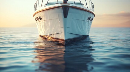 Serene Yacht at Sunset on Calm Ocean Waters, Golden Hour Reflection