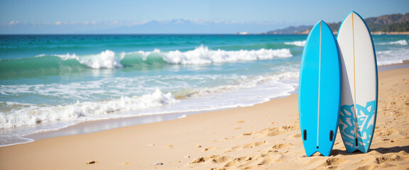 Surfboards on a sandy beach with gentle waves under a clear blue sky conveying a relaxed, sunny mood and representing summer sports activities