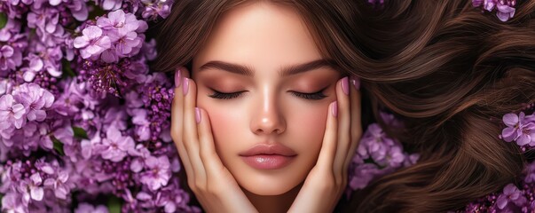 Naklejka premium Young caucasian female with brown hair relaxing among purple flowers