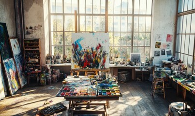 Creative art studio filled with vibrant paints, brushes, and unfinished canvases, soft natural light streaming in through large window
