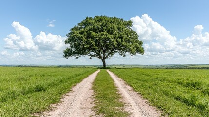 Lone tree on grassy field, dirt road leading to it, summer sky