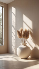 Sunlit vase with floral plumes casting shadows, creating a serene ambiance in this minimalist neutral-toned room near a window.