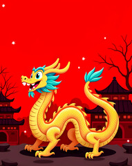 Fototapeta premium playful yellow dragon with teal accents illustrated against a vibrant red background near traditional asian buildings