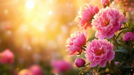 Elegant Pink peony roses with Floating Petals in Soft Sunlight. Space for text.