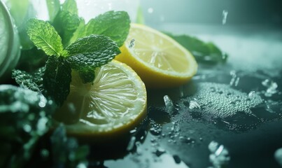 Close-up of fresh mint and lemon in a refreshing drink, symbolizing natural ingredients and rejuvenation.
