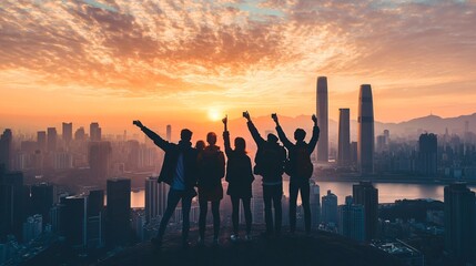 Silhouetted Friends Celebrating Sunrise Over City Skyline