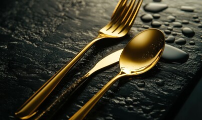 Close-up of golden cutlery resting on a textured black surface, rich tones and dramatic lighting emphasizing elegance and luxury, ideal for upscale dining themes,