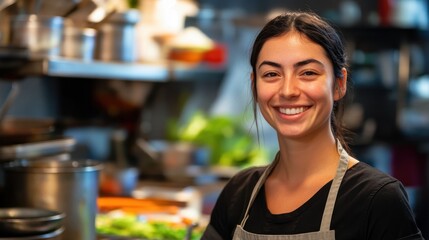 A cheerful young female chef smiles while preparing fresh ingredients in a vibrant kitchen, showcasing her passion for culinary arts and joyful work environment.