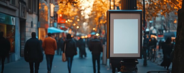 Fototapeta premium Autumn city street with blank board and people walking in evening light