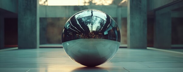 Sleek metallic sphere in modern industrial space with glass and concrete elements