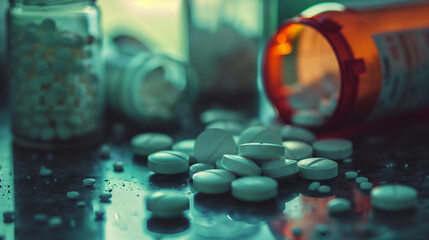 Scattered prescription pills and medication tablets spilled from orange bottle, representing pharmaceutical drugs and opioid epidemic concerns.