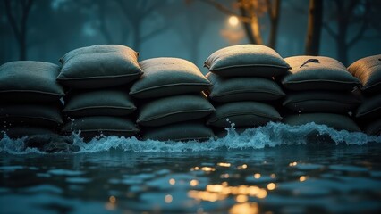 Sandbags, Hyper-realistic sandbags in flood defense front view artificial light water lapping urgent atmosphere