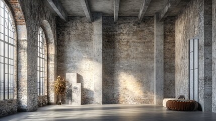 Spacious industrial loft interior with large windows and exposed brick walls bathed in sunlight