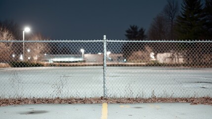 Empty Parking Lot at Night Behind Chain Link Fence