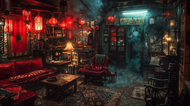 Dimly lit interior of an opium den with red lanterns, vintage furniture, smoke-filled air, ornate decorations, and a mix of Eastern-inspired elements and opulent textures.