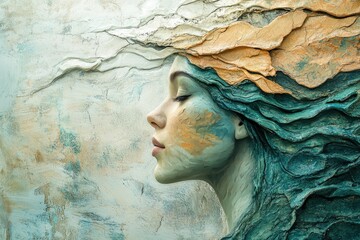 Serene woman's profile sculpted in textured teal and gold hues, eyes closed, evoking peace and nature.