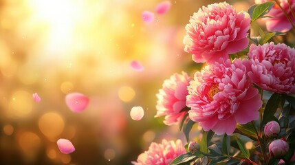 Elegant Pink peony roses with Floating Petals in Soft Sunlight. Space for text.