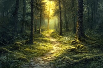 Obraz premium Sunlit path winds through a mystical forest, mossy stones under golden light.