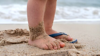 Child's Sandy Feet on Beach at Sunset: Close-Up of Playful Moments and Delicate Details