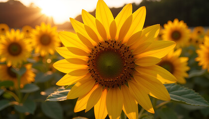 Obraz premium Close-up sunflower blooming in field at sunset, Blooming flowers, Pollen Forecasts, Blooming flowers, Pollen Forecasts