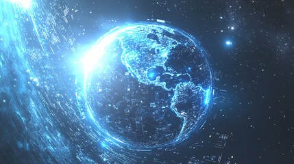 Obraz premium Cosmic View: A breathtaking digital rendering showcases our planet amidst a galaxy of stars and celestial bodies, highlighting the intricate network of human connection and technological advancements.