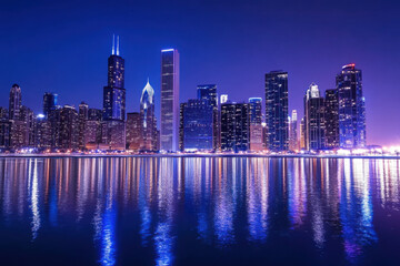 Obraz premium Nighttime cityscape reflecting on water, featuring illuminated skyscrapers under a vibrant, deep blue sky.
