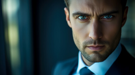 Intense Portrait: A man in a suit with piercing blue eyes conveys a serious and determined expression, highlighting his charisma.