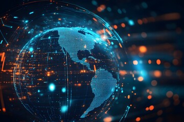 Obraz premium Global Network: A digital depiction of the Earth, overlaid with intricate networks of glowing lines and dots, symbolizing interconnectedness, technological advancements.