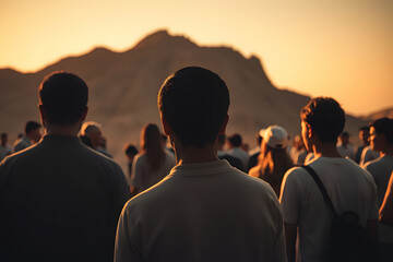 Crowd Gazing at Sunset-Lit Mountain Silhouette
