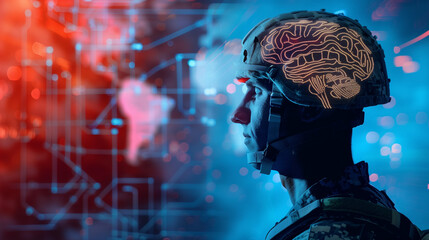Military soldier wearing smart helmet with glowing brain interface visualization against futuristic digital neural network background.