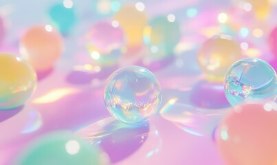Creative composition of colorful glass spheres scattered across a pastel surface, bright reflections and vibrant tones adding a playful touch,