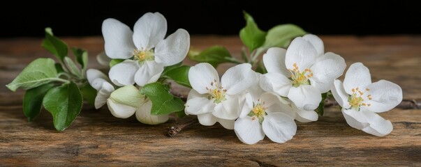 White apple blossoms on wooden surface with green leaves in natural light