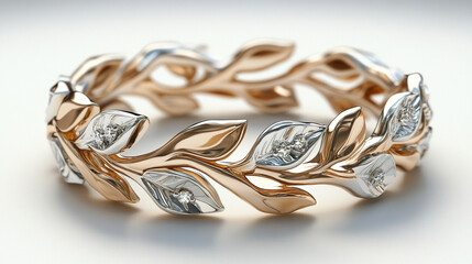 A symbolic silver and gold ring with intertwined vines and leaves, representing growth, connection, and unity. Elegant design on a white background, showcasing modern craftsmanship