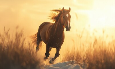 Obraz premium Galloping chestnut horse running through a snowy meadow under soft golden sunlight, creating a dynamic and picturesque outdoor scene