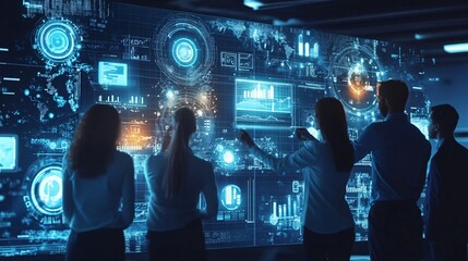 Team of professionals collaborating on data analysis and visualization using a large interactive screen displaying complex digital information and network graphics