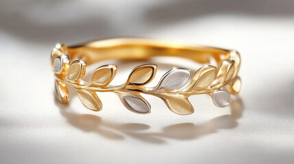 A symbolic silver and gold ring with intertwined vines and leaves, representing growth, connection, and unity. Elegant design on a white background, showcasing modern craftsmanship