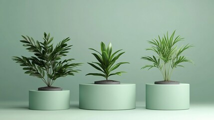 Obraz premium Three potted tropical plants arranged on pastel green circular podiums against a matching background. A minimalist and serene display of lush green foliage.