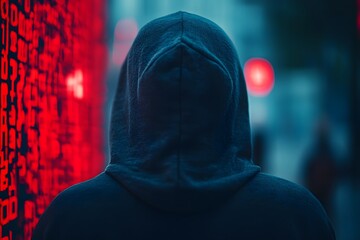 Digital Shadow: Silhouette of a hooded figure, shrouded in an aura of anonymity, stands before a dynamic digital display of vibrant red code, implying an interplay of technology and mystery.