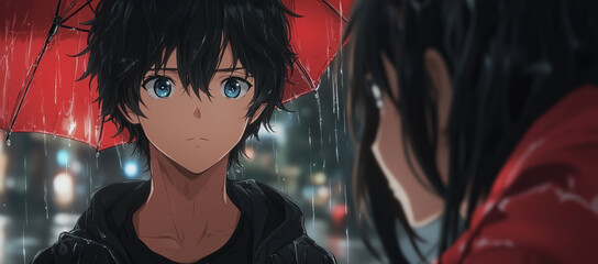 Emotional anime scene of a boy with blue eyes under a red umbrella in the rain
