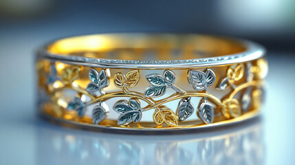 A symbolic silver and gold ring with intertwined vines and leaves, representing growth, connection, and unity. Elegant design on a white background, showcasing modern craftsmanship