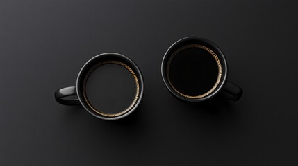 Two black coffee cups with golden rims on a dark surface. Minimalist, elegant, and clean aesthetic.