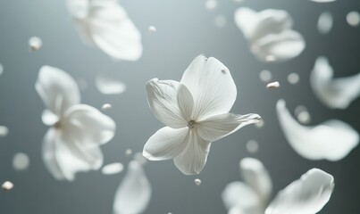 Delicate white flower petals falling in slow motion, captured against a soft gray background with subtle highlights and gentle shadows,