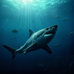 Fototapeta premium Great White Shark Swimming in the Deep Ocean