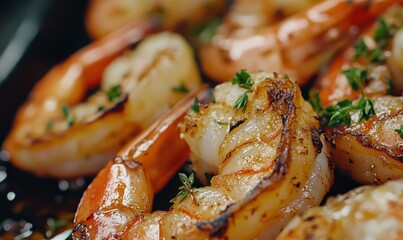 Deliciously tender grilled shrimp served with herbs and spices, symbolizing healthy cooking and gourmet flavors.