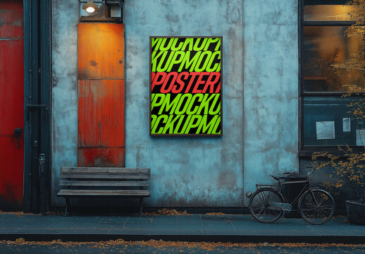 Street Poster Mockup on Urban Wall with Bench &mdash; Realistic Outdoor Display for Advertising and Branding