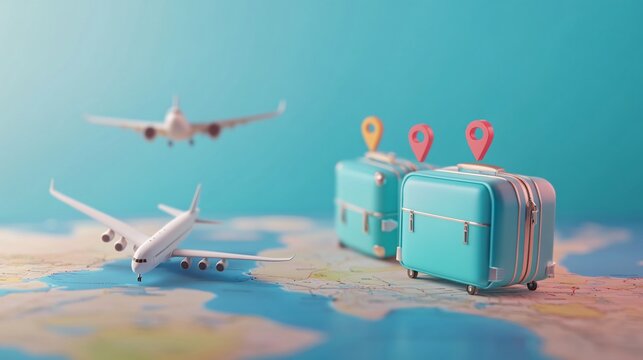 Two teal suitcases on a world map with airplanes overhead, signifying exciting travel adventures and journeys to new destinations
