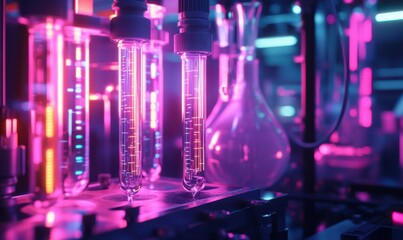 Glowing futuristic lab equipment illuminated by dynamic neon lights, symbolizing cutting-edge scientific advancements