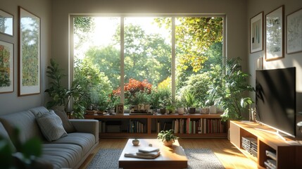 Fototapeta premium Sunny living room with garden view, home decor, and natural light